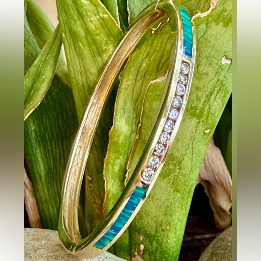 14 karat gold, diamond, and opal bangle